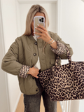 Tineit Casual Grid Pattern Cotton Pad Coat Women Office Leopard Print Lined O-neck Single Breasted Jacket Autumn Long Sleeve Outwear