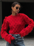 Tineit Tassel Solid Women Sweater Long Sleeve Pleated Female Pullover 2025 Autumn All Match Fashion Patchwork O Neck Slim Lady Knitwear