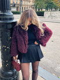 Tineit Women's Fashion Burgundy Faux Fur Cropped Coat Elegant Lapel Thick Warm Fluffy Furry Jackets Lady Chic Fall Winter Plush Outwear