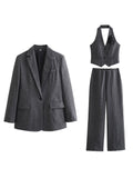 Tineit Gray Blazer 3 Pieces Sets Women Office Notched Loose Jacket Coat 3D Flower Halter Tank Tops Wide Leg Pants Lady Outfits Three