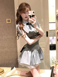 Tineit Preppy Style Grey 2 Piece Set Summer Women Korean Fashion Y2k Crop Tops High Waist Kawaii Slim Mini Skirt Hot Girls 2000s