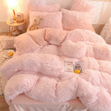 Tineit Luxury Winter Warm Long Plush Pink Bedding Set Queen Mink Velvet Double Duvet Cover Set with Fitted Sheet Warmth Quilt Covers