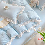 Tineit Korean Princess Style Duvet Cover Set No Filling Pink Blue Soft Washed Cotton Girls Favorite Ruffles Bed Linen Pillowcases