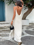 Tineit Elegant Satin V-neck Split Maxi Dress Women Loose Backless Sleeveless Female Dresses 2024 Summer Lady White Holiday Beach Robes