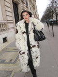 Tineit 2024 Chic Leopard Spotted Faux Fur Long Coat For Women Elegant Fluffy Plush Thicken Warm Lapel Overcoat Winter Fashion Outerwear