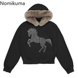 Tineit Women's Furry Hooded Jacket Y2k Hoodies Heavy Diamond Zipper Coat Streetwear Thicked Casual Fashion Sweatshirts Ropa Mujer 2025