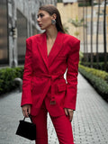 Tineit Elegant Red Lace Up Lapel Collar Suit Jacket For Women Stylish Flap Pockets Long Sleeved Blazer Coat Chic Female Commute Outwear