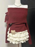 Tineit Winter Kawaii Sweet 2 Piece Set Woman Off Shoulder Bow Knitted Tops + Mini Cake Skirt Female Korean Fashion Casual Suit 2025 New