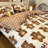 Tineit Cute Bear Bedding Set Cartoon Floral And Animal Duvet Cover Blue Flat Sheet Soft Polyester Kawaii Queen Full Size Bed Linen