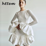 Tineit Elegant Ruffles Mini Dress Women Slim Ribbed O-neck Flare Sleeves Female Party Dresses 2024 Autumn Lady Solid Evening Robes New