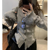 Tineit 2025 Y2k Grey Vintage Women Kint Sweater Harajuku Long Sleeve Cardigan Irregular Korean Fashion Slim Autumn Jerseys Casual