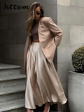 Tineit Elegant Blazers Satin Skirt Sets Women Loose Open Stitch Suit Coat Pleated  Solid A Line Skirt 2024 Autumn Lady Commute Outfits