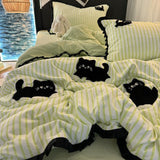 Tineit Pink Striped Cat Embroidery Bedding Set Korean Style Washing Cotton Cute Cardboard Duvet Cover Bed Sheet Pillowcases 3/4pcs