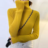 thanksgiving outfit Tineit Zoki Autumn Fashion Women Turtleneck Sweater Korean Long Sleeve Simple Basic Slim Elastic Jumper Solid Screw Thread Elegant Tops