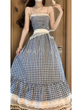 Tineit Woman Korean Fashion 2 Piece Set Pure Color Short Tops + Blue Plaid Sleeveless Midi Dress French Vacation Style Dress Harajuku