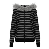 Tineit Striped Women Hoodies Coats 2025 Ropa Mujer Furry Hooded Zipper Sweatshirts Y2k Tops Casual Fashion Korean Hoodie Ropa Mujer