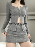 Tineit 2025 Autumn New Grey Casual Knitted Suits Sexy 2 Piece Skirt Set Woman Elegant Y2k Crop Tops + High Waist Slim Mini Skirt Korean