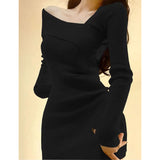 thanksgiving outfit Tineit Knitted Dress Women Autumn Winter Long Sleeved Sexy Off Shoulder Stretch Sweater Solid Elegant Skinny Chic Korean Lady Dress