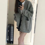 thanksgiving outfit Tineit Gray Cardigan Sweater Women Korean Medium-Length Spring Autumn Loose Lazy Vintage Knit Sweater Casual Buttons Harajuku Jumpers