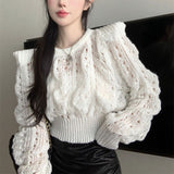 thanksgiving outfit Tineit Chic Knitted Sweater Women Hollow Long Sleeved Slim Fall Pullover Elegant O-Neck Vintage Solid Twist Harajuku Cropped Jumpers