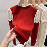 thanksgiving outfit Tineit Lace Patchwork Knitted Sweater Women Chic Elegant Stand-Collar Fall Winter Tops Solid Ruffled Long-Sleeve Sweet Jumpers Pullover