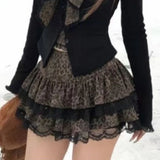 Tineit Autumn Sweet Pure Desire Leopard Print Bow Top Lolita Lace Jacket Waist Cinching Atmosphere Cake Skirt Two Piece Sets