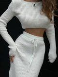 Tineit Knitted Elegant Sweater Skirts Set Women Long Sleeve Slim Short Pullover Top Split Bodycon Skirt Suits 2 Pieces Chic Solid