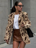 Tineit Vintage Leopard Straight Women Coat Lapel Full Sleeve Female Blazer Jacket 2025 Autumn Single Breasted Office Lady Overcoat