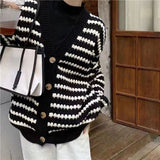 thanksgiving outfit Tineit Striped Knit Cardigan Women Black White Patchwork Fall Winter Warm Button Sweater Fashion Elegant Loose Chic Twist Coat