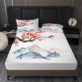 Tineit Chinese Style Fitted Sheet Set Ink Painting Plum Mountains Print Mattress Covers Soft Breathable Bedding Set With Deep Pocket