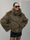 Tineit 2024 Dark Green Chic Stand Collar Fluffy Faux Fur Coat Women's Fashion Full Sleeve Winter Warm Short Jacket Female New Outerwear