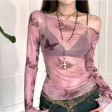 Tineit 2025 Sweet Two Pieces Set Long Sleeve T Shirts + Sleeveless Tank Top Grunge Y2k Aesthetic Butterfly Printing See Through Tops