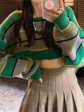 Tineit 2024 Fall Fashion Contrast Color Stripe Loose Crop Sweater