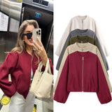 Tineit Ladies Fashion Autumn Winter Jacket Women Soft Bomber Jacket Retro Round Neck Long Sleeve Elastic Hem Zipper Female Coat Clothes