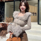 thanksgiving outfit Tineit Hair Collar Knitted Cardigan Women Solid Elegant Simple Fluffy Spring Fall Sweater Skinny Chic Sexy Cropped Lady Tops