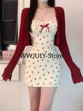 Tineit Sweet 2 Piece Dress Set Woman Red Long Sleeve Cardigan + Strap Floral Y2k Mini Dress Party Korean Fashion Suit 2025 Autumn Chic