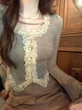 Tineit 2025 Autumn Pure Color Slim Knitted Sweater Tops Outwear Casual Korean Fashion Blouse Basic Elegant Lace Y2k Clothing Woman Chic