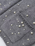 Tineit Elegant Pearl Knit Women Cardigan Lapel Pocket Full Sleeve Lady Sweater 2025 Fashion Autumn Straight Winter Female Knitwear