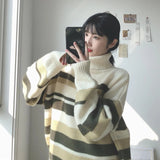 thanksgiving outfit Tineit Zoki Turtleneck Sweaters Women Vintage Striped Fall Winter Casual Thicken Warm Preppy Pullovers Baggy All Match Knitwear Jumper