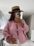 Tineit Half Sleeve Lace Up Cardigan Women Knitted V-neck Loose Casual Office Sweaters Tops Soft All-match Street Autumn Coats Outwear