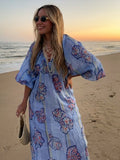 Tineit Loose Striped Print linen Maxi Dress Women Fashion V-neck Lantern Sleeve Female Holiday Dresses 2024 Summer Lady Beach Robes New