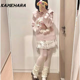 Tineit Autumn French Sweet Pink Collar Bubble Sleeve Knitted Cardigan Harajuku Style Versatile Short Skirt Y2k Two Piece Sets