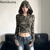 Tineit Streetwear Retro Camouflage Print Hoodie Women's Clothes Crop Tops Hooded Zipper Y2k Jackets Causal Fashion Crop Sweatshirts