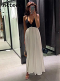 Tineit Elegant Spliced Sling Long Dress Women Sexy Deep V Neck Backless Sleeveless Contrast Party Dresses 2024 Summer Lady Evening Robe