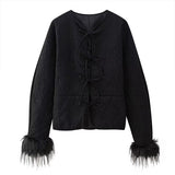 Tineit Feather Patchwork Cotton Coat Women Lace Up Hollow Out Loose Fashion Black Chic Jacket 2025 Autumn Long Sleeve Thick Outwear