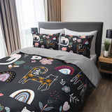 Tineit 3pcs Cat & Floral Print Bedding Set - Includes 1 Duvet Cover and 2 Pillowcases, Breathable Polyester, Machine Washable - Perfect