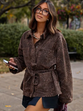 Tineit Woman Leopard Print Chic Coat With Belts Lapel Single Breasted Loose Long Sleeve Pocket Jacket 2025 Autumn Lady Street Outerwear