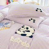 Tineit Striped Bedding Set Full Size Cartoon Duvet Cover for Kids Purple Bed Sheet Set Single Size Panda Towel Embroidery Bedding Sets