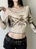 Tineit Y2K Printed Mesh Long Sleeve Crop Top