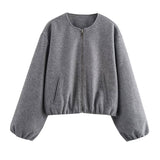 Tineit Zipper Woolen Solid Women Jacket Full Sleeve Pocket Female Coat 2025 Casual Fashion Autumn Loose O Neck Warm Soft Lady Outwear